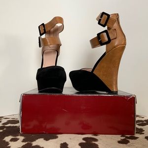 Black and brown suede and faux leather wedges